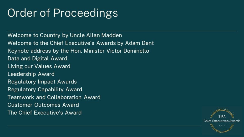 SIRA CE Awards order of proceedings
